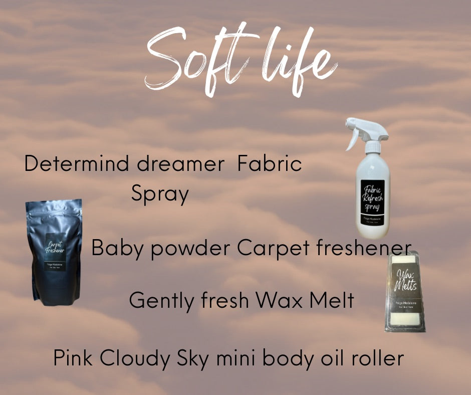 Soft Life Home Fragrance Bundle ( Fabric Freshener, Carpet freshener , Wax melt and Body Oil)